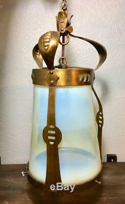 Antique Arts Crafts Brass Vaseline Opalescent Glass Light Fixture Lamp Shade