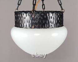 Antique Arts & Crafts / Jugendstil Hammered Metal & Opaline Glass Pendant Lamp