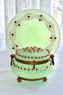 Antique Attr Moser Apple Green Opaline Beaded Gilded Dresser Box w Plate c1880