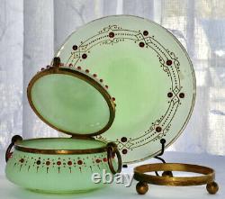 Antique Attr Moser Apple Green Opaline Beaded Gilded Dresser Box w Plate c1880