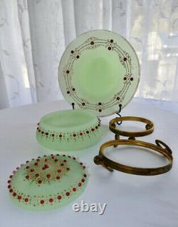 Antique Attr Moser Apple Green Opaline Beaded Gilded Dresser Box w Plate c1880