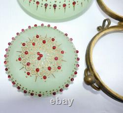 Antique Attr Moser Apple Green Opaline Beaded Gilded Dresser Box w Plate c1880