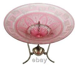 Antique BACCARAT French Glass Pink Flash Acid Etched Comport Silver Plate Stand