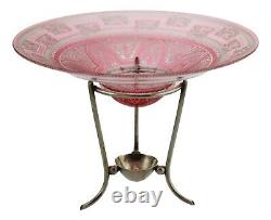 Antique BACCARAT French Glass Pink Flash Acid Etched Comport Silver Plate Stand