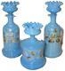 Antique Baccarat Blue Opaline W Enamel Flowers Vanity Set Bottle & Puff Box