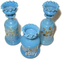 Antique Baccarat Blue Opaline w Enamel Flowers Vanity Set Bottle & Puff Box
