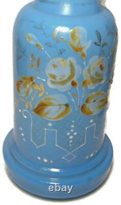Antique Baccarat Blue Opaline w Enamel Flowers Vanity Set Bottle & Puff Box