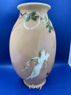 Antique Baccarat Pink Handpainted Cherub Baby Rose Vine Opaline Glass Vase