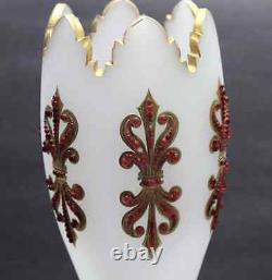 Antique Baccarat White Opaline Glass Red Jewelled Vase 17 Tall