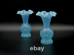 Antique Blue Opaline Optic Swirl Ruffled Fenton Vases