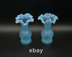 Antique Blue Opaline Optic Swirl Ruffled Fenton Vases