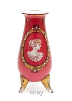 Antique Bohemian Art Glass Vase with Enamel Classical Cameo Portrait c1880