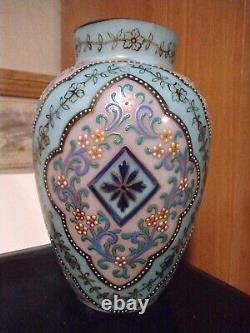 Antique Bohemian Enameled Opaline Glass Vase Persian Style Moser Harrach c1900