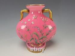 Antique Bohemian Harrach Pink Opaline Hand Painted Enamel Glass Bolted Vase 1870