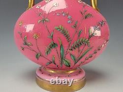 Antique Bohemian Harrach Pink Opaline Hand Painted Enamel Glass Bolted Vase 1870