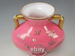 Antique Bohemian Harrach Pink Opaline Hand Painted Enamel Glass Bolted Vase 1870