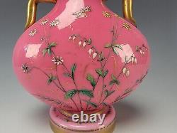 Antique Bohemian Harrach Pink Opaline Hand Painted Enamel Glass Bolted Vase 1870