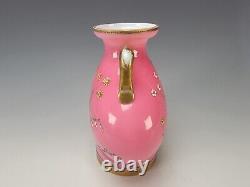 Antique Bohemian Harrach Pink Opaline Hand Painted Enamel Glass Bolted Vase 1870