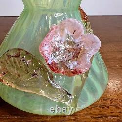 Antique Bohemian Harrach Uranium Glass Vase Applied Glass Opalescent Green