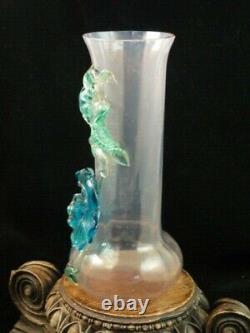 Antique Bohemian Pink Opalescent Applied Blue Vaseline Floriform Art Glass Vase