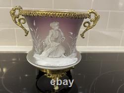 Antique Bronze Ormolu Amethyst Opaline Satin Bohemian Glass Hand Enameled Vase