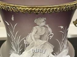 Antique Bronze Ormolu Amethyst Opaline Satin Bohemian Glass Hand Enameled Vase