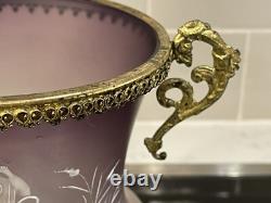 Antique Bronze Ormolu Amethyst Opaline Satin Bohemian Glass Hand Enameled Vase