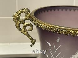 Antique Bronze Ormolu Amethyst Opaline Satin Bohemian Glass Hand Enameled Vase