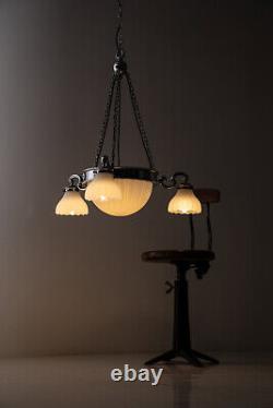 Antique Chrome Art Deco GEC Moonstone Ceiling Opaline Glass Chandelier Light