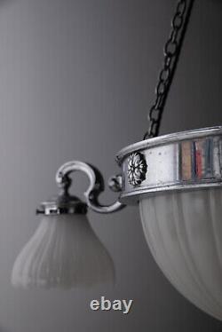 Antique Chrome Art Deco GEC Moonstone Ceiling Opaline Glass Chandelier Light