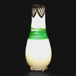 Antique Continental Iridescent Opaline Glass Vase Metal Mounts Loetz Style c1920