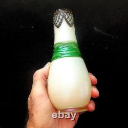 Antique Continental Iridescent Opaline Glass Vase Metal Mounts Loetz Style c1920