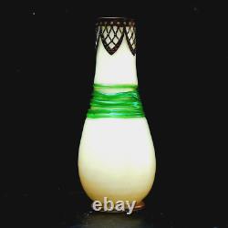 Antique Continental Iridescent Opaline Glass Vase Metal Mounts Loetz Style c1920