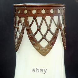 Antique Continental Iridescent Opaline Glass Vase Metal Mounts Loetz Style c1920