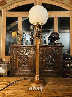 Antique Copper & Opaline White Glass Globe Table Lamp, Art Deco 1920's Style