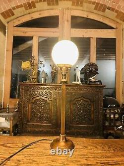 Antique Copper & Opaline White Glass Globe Table Lamp, Art Deco 1920's Style