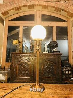 Antique Copper & Opaline White Glass Globe Table Lamp, Art Deco 1920's Style