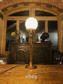 Antique Copper & Opaline White Glass Globe Table Lamp, Art Deco 1920's Style