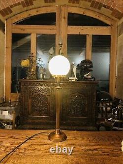 Antique Copper & Opaline White Glass Globe Table Lamp, Art Deco 1920's Style