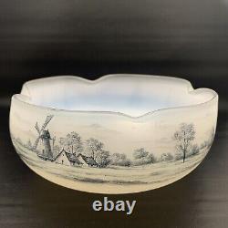 Antique Daum Nancy Art Glass White Opaline Dutch Harbor Windmill Scene Bowl