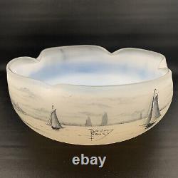 Antique Daum Nancy Art Glass White Opaline Dutch Harbor Windmill Scene Bowl