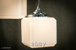 Antique Early 20th Century Single Art Deco Cube Opaline Pendant Lamp Light