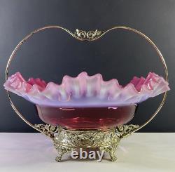 Antique Fenton Bride Basket Cranberry Opalescent Ruffled Edge With Metal Holder