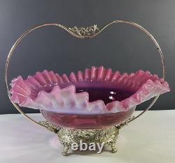 Antique Fenton Bride Basket Cranberry Opalescent Ruffled Edge With Metal Holder