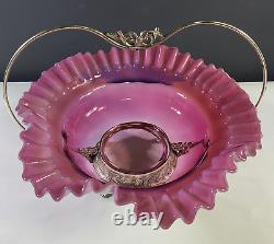 Antique Fenton Bride Basket Cranberry Opalescent Ruffled Edge With Metal Holder