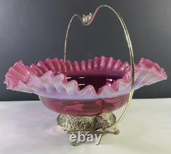 Antique Fenton Bride Basket Cranberry Opalescent Ruffled Edge With Metal Holder