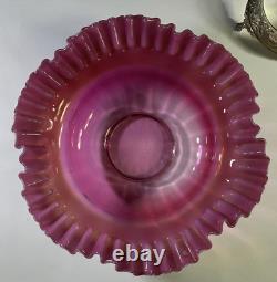 Antique Fenton Bride Basket Cranberry Opalescent Ruffled Edge With Metal Holder