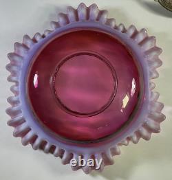 Antique Fenton Bride Basket Cranberry Opalescent Ruffled Edge With Metal Holder