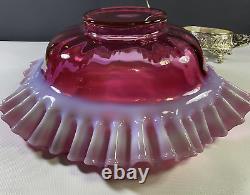 Antique Fenton Bride Basket Cranberry Opalescent Ruffled Edge With Metal Holder