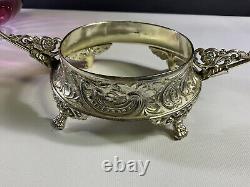 Antique Fenton Bride Basket Cranberry Opalescent Ruffled Edge With Metal Holder